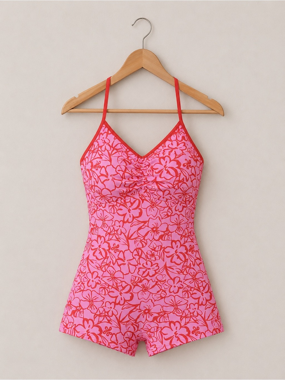 Pink & Red Floral V-Neck Swim Suit
